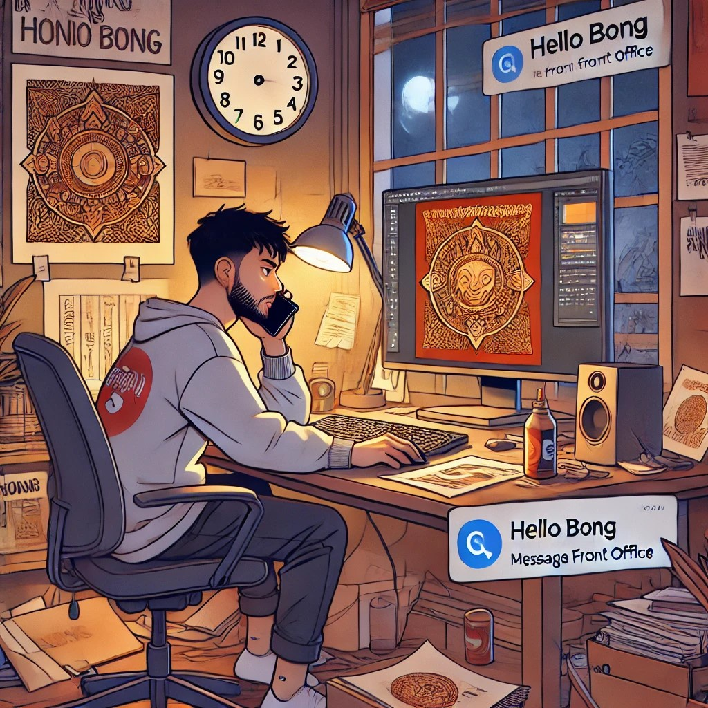 A comic-style illustration of a designer at a desk being interrupted by vague Hello Bong messages while working on a design project.