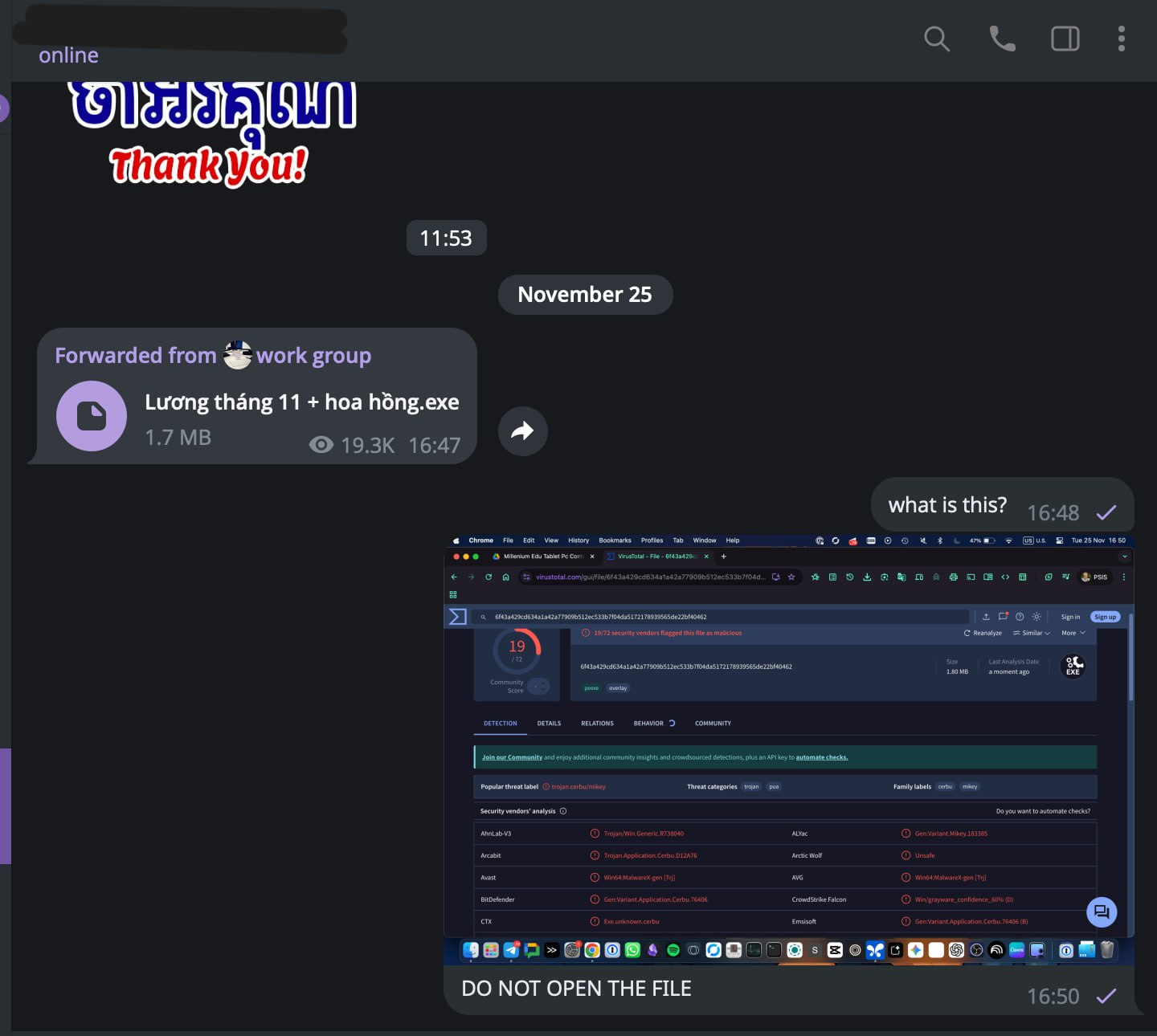Initial Telegram distribution showing the malicious payload sent from a trusted parent communication channel