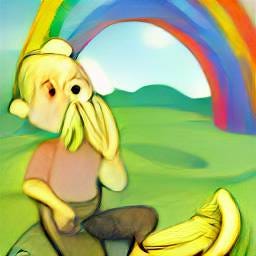 Asian man eating a banana under a rainbow