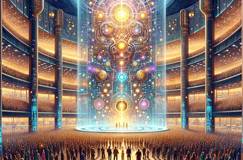 an illustration of people gathering around a futuristic looking glass cylinder with colourful shapes dancing inside it.