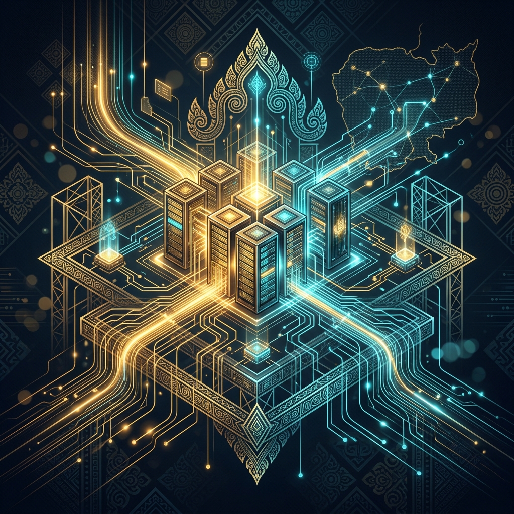 Abstract digital illustration representing backend server infrastructure, glowing data lines, and governance scaffolding.