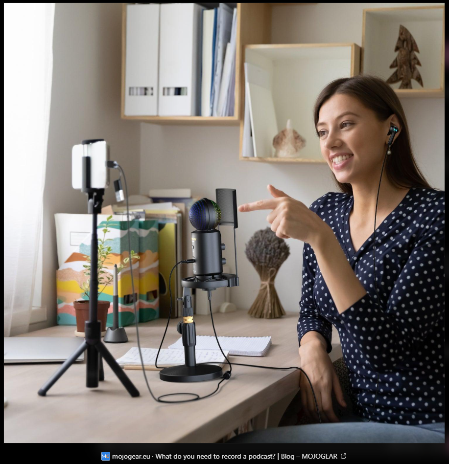 Screenshot of a woman recording a podcast at a desk, shown as the MOJOGEAR source image in a ChatGPT response.
